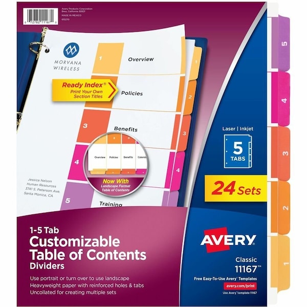 Avery Dennison Avery, CUSTOMIZABLE TOC READY INDEX MULTICOLOR DIVIDERS, 5-TAB, LETTER, 24PK 11167 - main