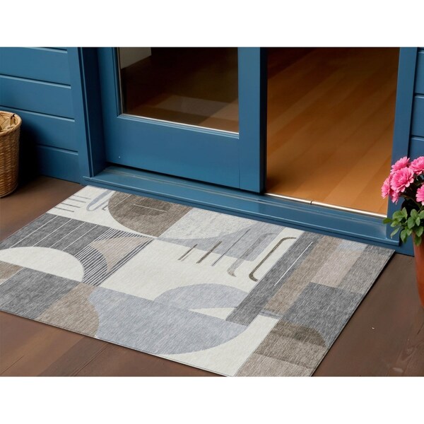 Homeroots 3' X 5' Taupe Gray And Ivory Geometric Washable Indoor Outdoor Area Rug 617998 - main