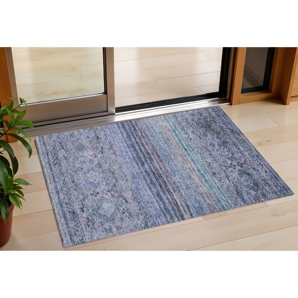 Homeroots 3' X 5' Blue Aqua And Charcoal Floral Washable Indoor Outdoor Area Rug 606182 - main
