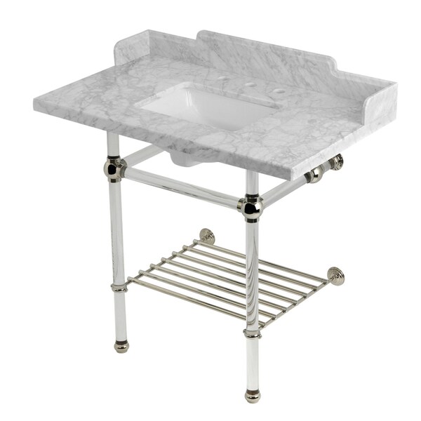 Kingston Brass 36-Inch Carrara Marble Console Sink with Acrylic Legs and Shelf, 8-Inch, 3-Hole LMS36MASQB6 - main