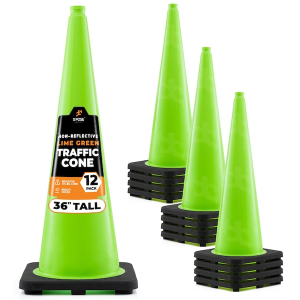 Xpose Safety Traffic Safety Cone, 36 in, Premium PVC, No Collar, Lime Green, 12 pk LTC36-12-X-S - main