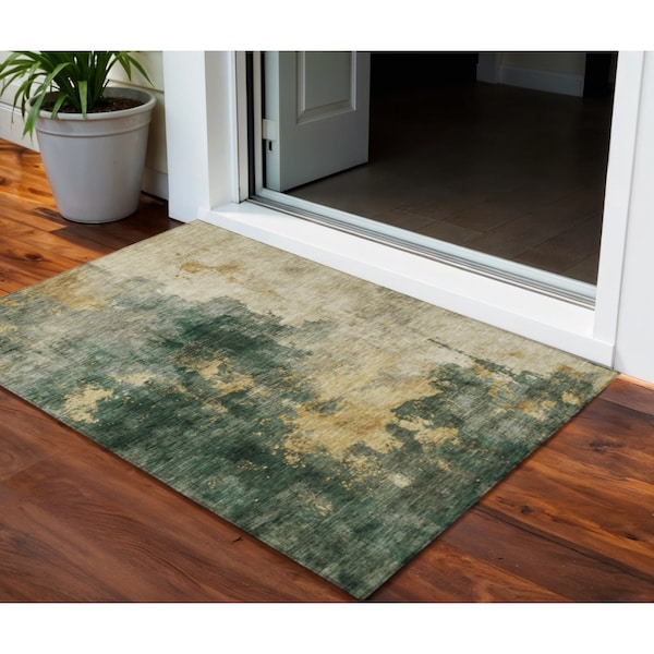 Homeroots 3' X 5' Fern Green And Gold Abstract Washable Indoor Outdoor Area Rug 603053 - main
