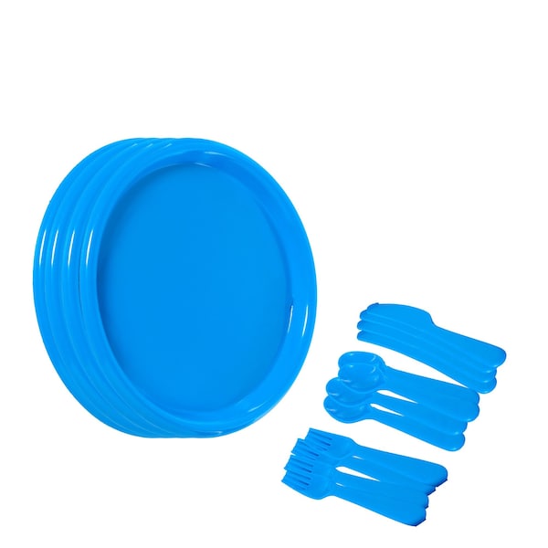 Basicwise Reusable Cutlery Set of 4 Plastic Plates, Spoons, Forks and Knives for Baby and Toddlers, Blue QI003831.BL - main