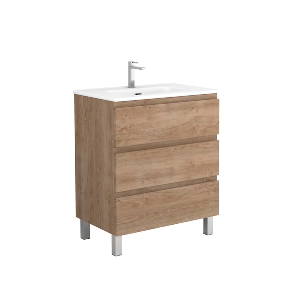 Homeroots 28" Oak Wood Freestanding Bathroom Vanity With White Sink And Three Drawers 627369 - main