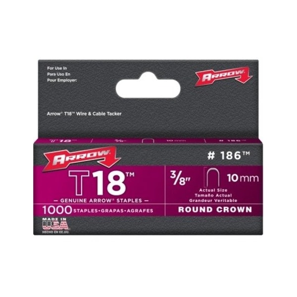Arrow Fastener Heavy Duty Staples, 18 ga, Round Crown, 3/8 in Leg L, Steel 186 - main