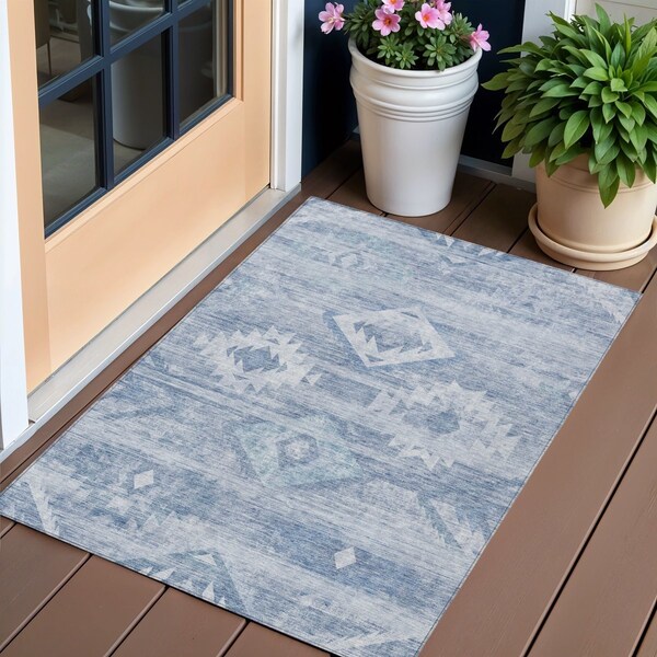 Homeroots 3' X 5' Denim Blue And Sky Blue Southwestern Washable Indoor Outdoor Area Rug 588696 - main