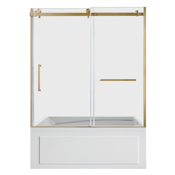 Kingston Brass 60" Acrylic Anti-Skid Alcove Right-Hand Drain Tub with Left Sliding Tub Door, White/Brushed Brass KVTAM6032R22B7 - main