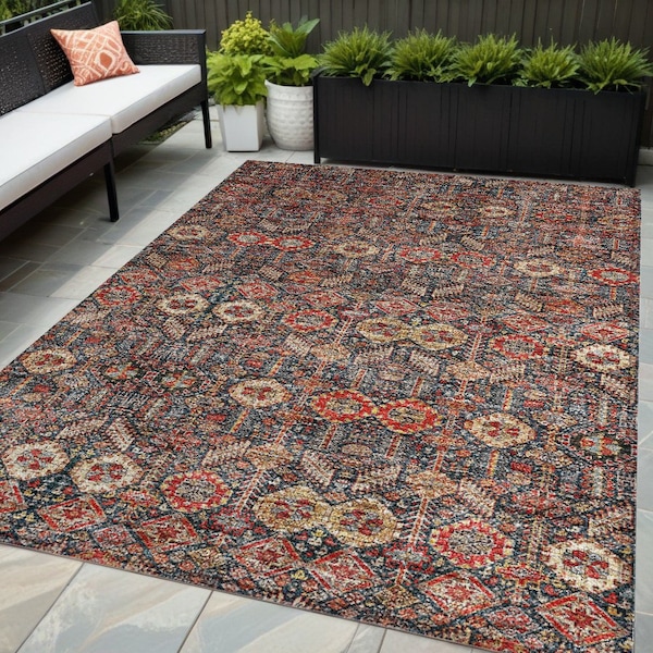 Homeroots 5' X 8' Red And Dark Blue Floral Washable Indoor Outdoor Area Rug 564369 - main