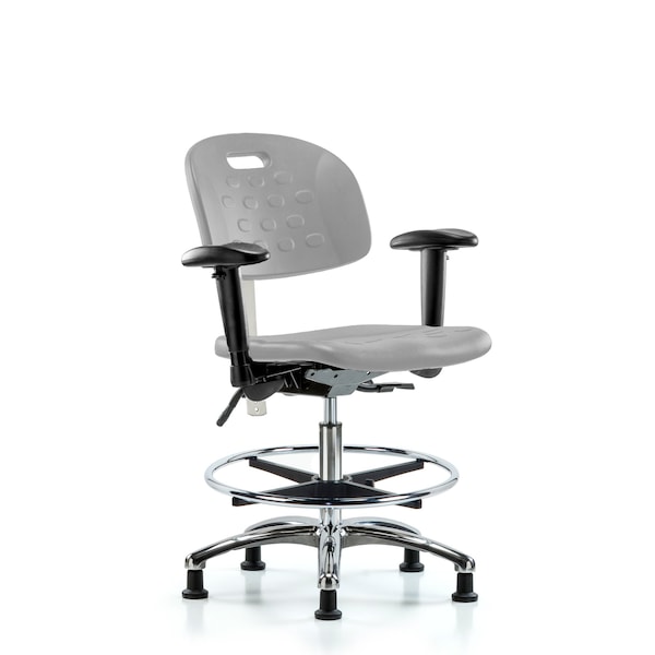 Blue Ridge Ergonomics CL100CleanRoom Chair-Medium Bench Height with Adj Arms, Chrome Foot Ring, & Stat Glides in Gray Poly CLR-HPMBCH-CR-T0-A1-CF-RG-GRY - main