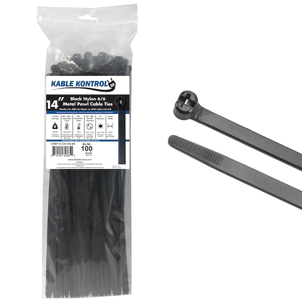 Kable Kontrol Metal Pawl Cable Ties, 14 in L, 4.07 in Max Bundle Dia., Black, Nylon 6-6 + Stainless Steel, 100 PK ctmp-14-120-100-bk - main