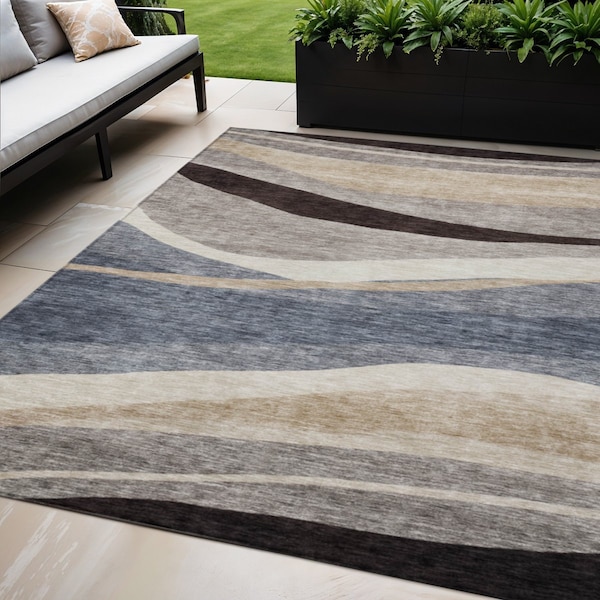 Homeroots 5' X 8' Blue Brown And Beige Abstract Washable Indoor Outdoor Area Rug 603678 - main