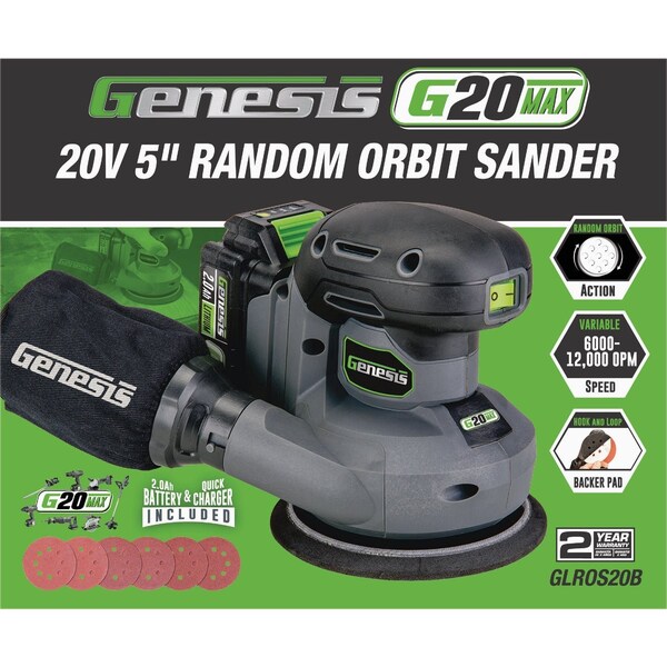 Genesis 20V 5'' Cordless Random Orbit Sander Kit with 2.0 Ah Battery & Charger GLROS20B - main