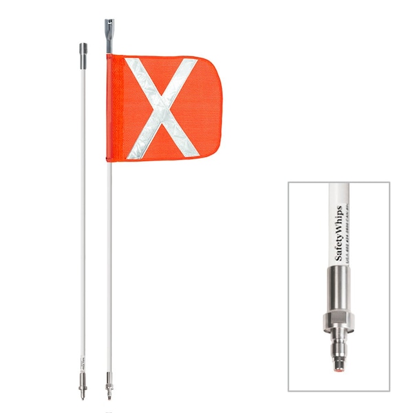 Safetywhips Warning Whip Heavy Duty Whip with Flag, White Whip, Orange Flag, White Reflective X, 120 Length SW10QD2-SXW - main