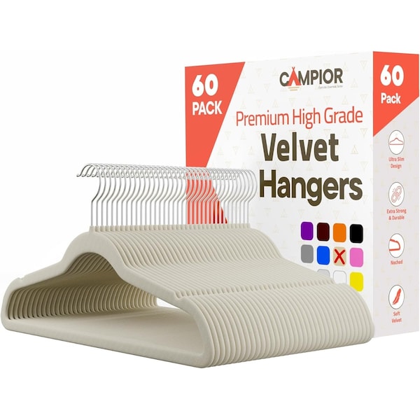 Campior Premium Velvet Non-Slip Hangers, Heavy Duty, 360 Deg Swivel Hook, Ivory Velvet Finish, 60PK CMPVVH60IV - main