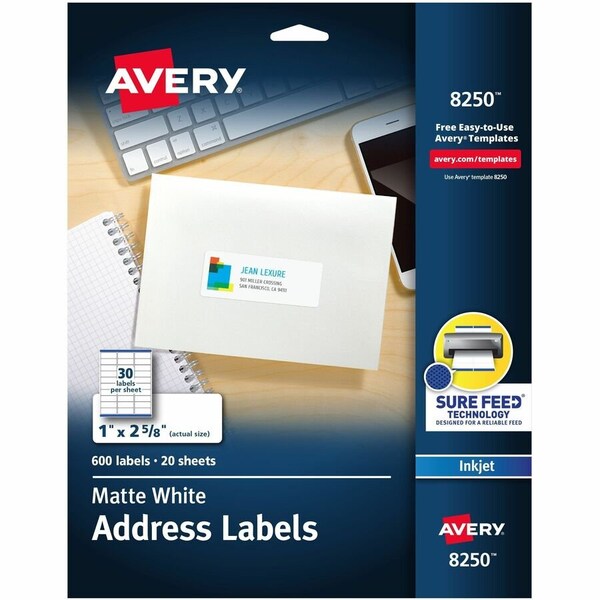 Avery Address Label, 1" Label W, 30 Labels per Sheet White 8250 - main