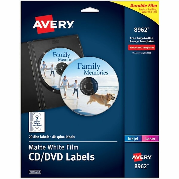 Avery Film DVD Labels, Permanent Adhesiv, PK20 8962 - main
