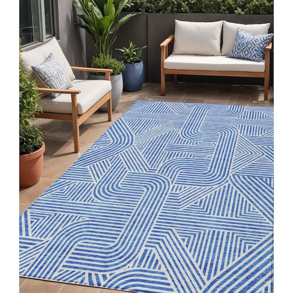 Homeroots 5' X 8' Blue And Ivory Abstract Washable Indoor Outdoor Area Rug 594918 - main