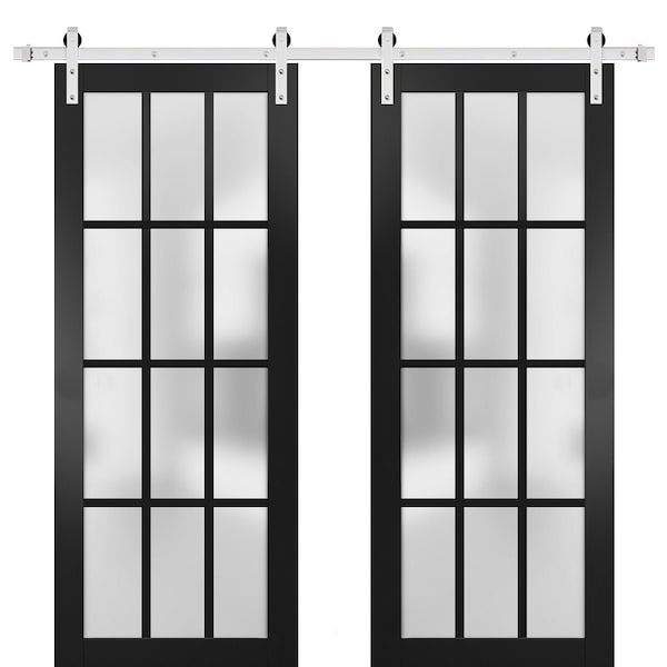 Sartodoors Sturdy Double Barn Door with Frosted Glass 12 Lites, Felicia 3312 Matte Black, 13FT Rail Hangers H FELICIA3312DB-S-BLK-48 - main