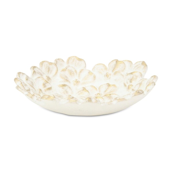 Homeroots 7in White And Gold Cast Iron Flower Round Trinket Tray 634795 - main