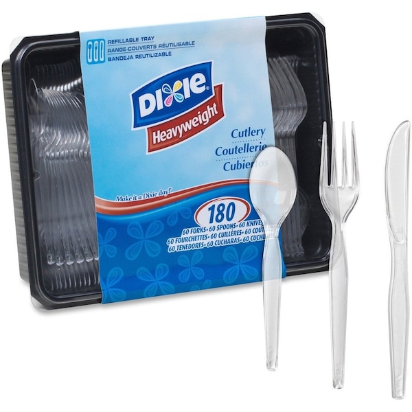 Dixie Cutlery Keeper Tray with Utensils, Heavyweight, Fork/Knife/Spoon, Plastic, Crystal Clear, 180PK CH0180DX7 - main