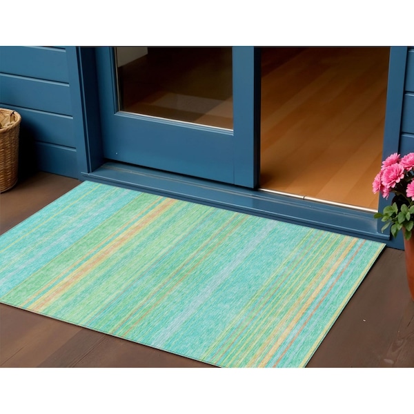 Homeroots 3' X 5' Aqua Green And Yellow Striped Washable Indoor Outdoor Area Rug 614791 - main