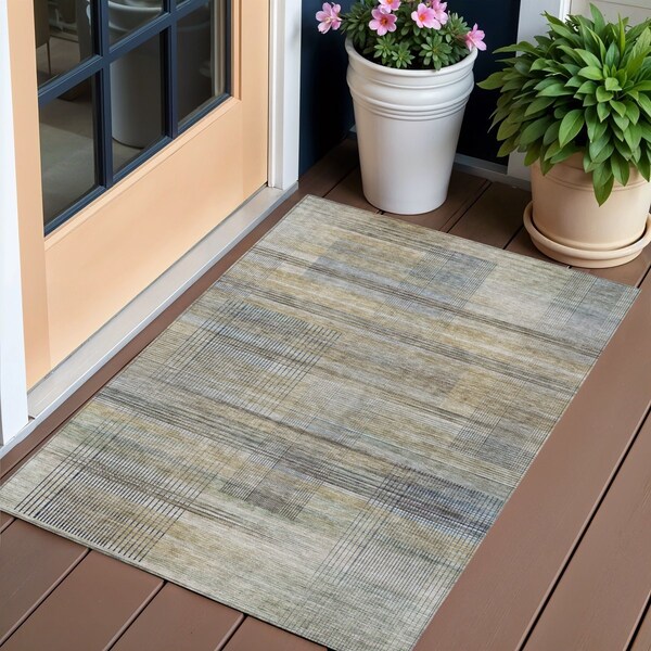Homeroots 3' X 5' Khaki Tan And Beige Striped Washable Indoor Outdoor Area Rug 588058 - main