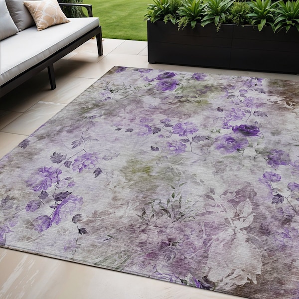Homeroots 5' X 8' Purple Lavender And Artichoke Green Floral Washable Indoor Outdoor Area Rug 583125 - main