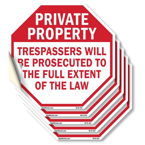 Signmission Private Property Trespassers Will B, 6 inch X 6 inch, Vinyl Decal, 5PK OC-D-5PACK-6-144 - main