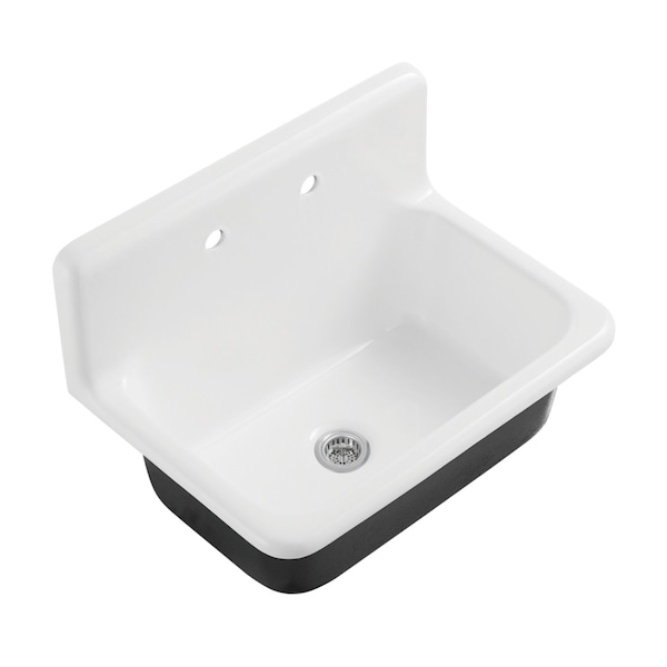 Kingston Brass 30" Cast Iron Single Bowl Wall Mount Kitchen Sink, 2-Hole with Strainer, White/Polished Chrome KGCKWS3020101 - main
