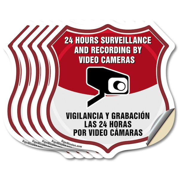 Signmission Bilingual 24 Hour Surveillance Shield Si, 6 inch X 6 inch, Vinyl Decal, 5PK SHI-D-5PACK-6-363 - main