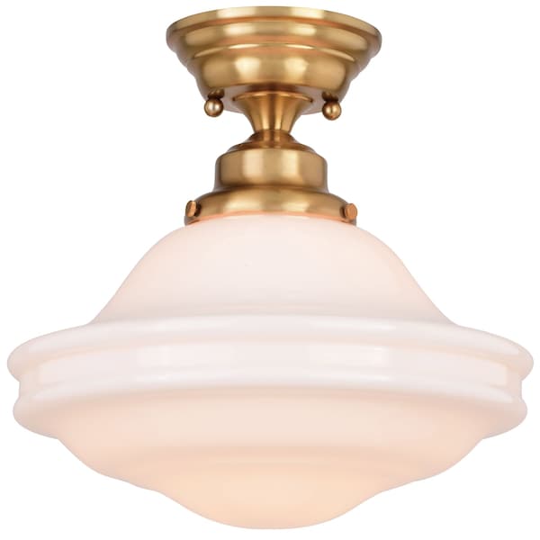Vaxcel Huntley 12-in W Natural Brass Farmhouse Schoolhouse Semi Flush Mount Ceiling Light White Glass C0261 - main