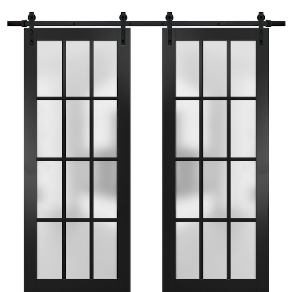 Sartodoors Sturdy Double Barn Door with Frosted Glass 12 Lites, Felicia 3312 Matte Black, 13FT Rail Hangers H FELICIA3312DB-BLK-5696 - main