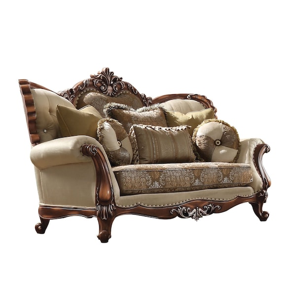 Homeroots 74in Tan And Brown Velvet Damask Curved Loveseat and Toss Pillows 515717 - main