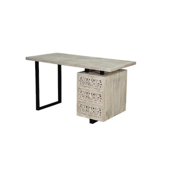 Homeroots 54" White and Black Solid Wood and Metal Carved Floral Desk With Three Drawers 661244 - main