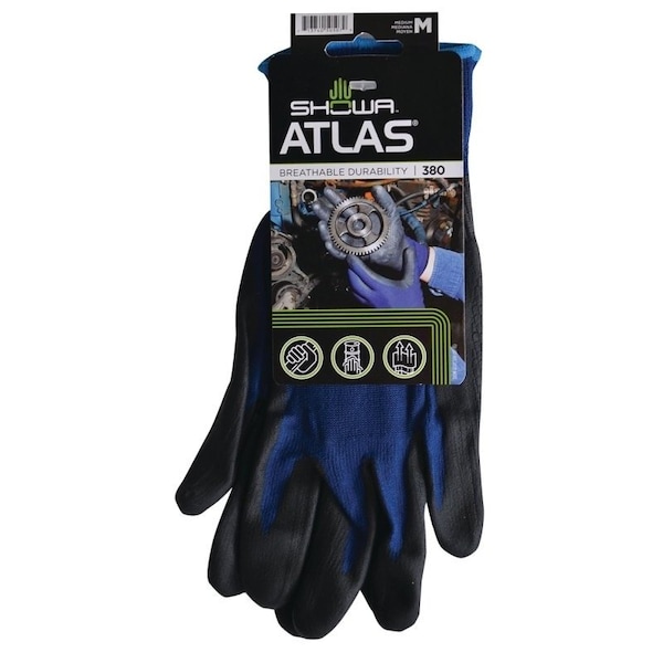 Showa Atlas Showa Coated Gloves, M, 8-21/32 to 10-15/64 in L, Elastic Cuff, Nitrile Foam Coating, Black/Blue 380M-07.RT - main