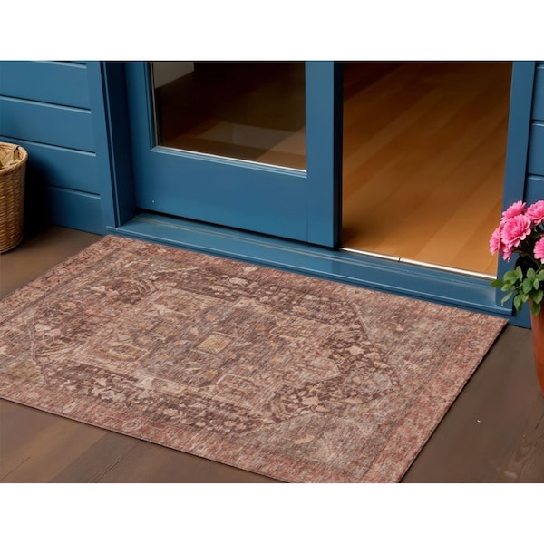 Homeroots 3' X 5' Burgundy Medallion Washable Indoor Outdoor Area Rug 607992 - main