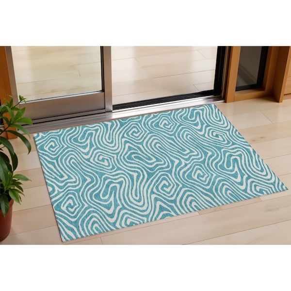 Homeroots 3' X 5' Teal Blue And Ivory Abstract Washable Indoor Outdoor Area Rug 599016 - main