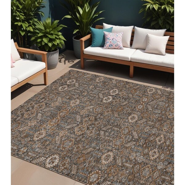 Homeroots 9' X 12' Chocolate Floral Washable Non Skid Indoor Outdoor Area Rug 564318 - main