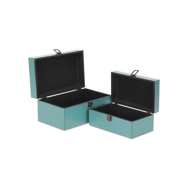 Homeroots Set of Two Teal Blue Wood And Fabric Box With Lid, 2PK 489394 - main