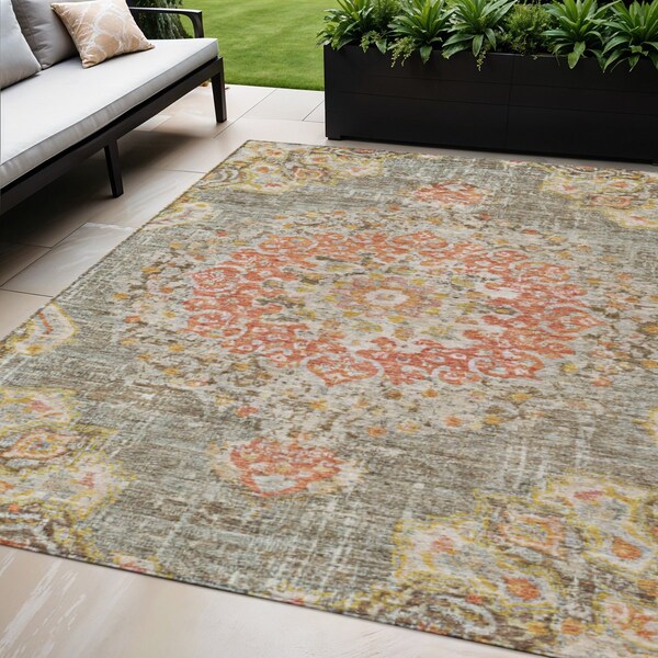 Homeroots 5' X 8' Brown Floral Medallion Washable Indoor Outdoor Area Rug 607837 - main