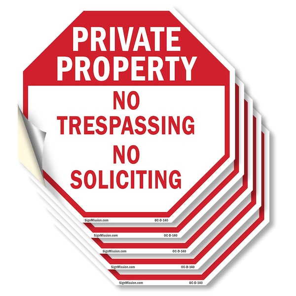 Signmission Private Property No Trespassing No, 6 inch X 6 inch, Vinyl Decal, 5PK OC-D-5PACK-6-140 - main