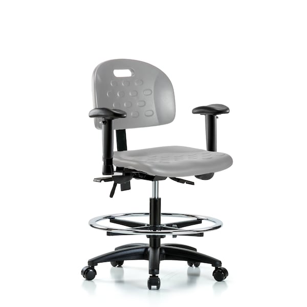 Blue Ridge Ergonomics Poly Chair-Medium Bench Height with Seat Tilt, Adj Arms, Chrome Foot Ring, &Casters in Gray Poly HPMBCH-RG-T1-A1-CF-RC-GRY - main
