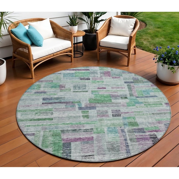 Homeroots 8' Artichoke Green Charcoal And Purple Round Striped Washable Indoor Outdoor Area Rug 603511 - main
