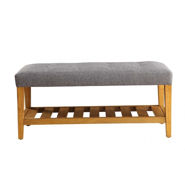Homeroots 40in Gray and Brown Linen Blend and Solid Wood Upholstered Storage Bench With Shelves 286432 - main