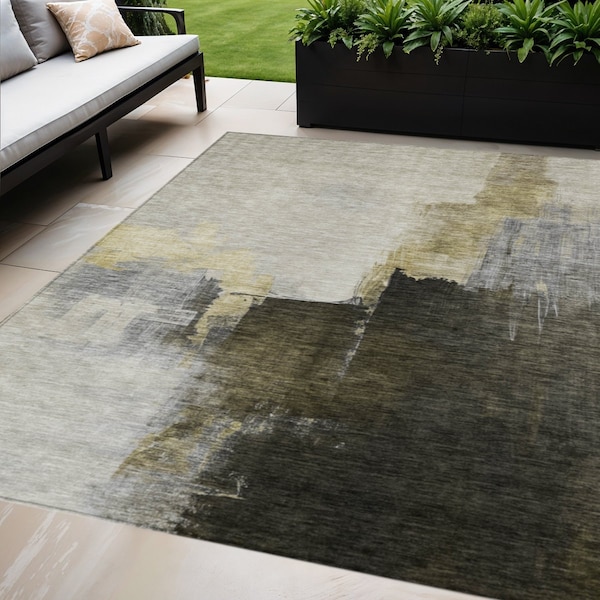 Homeroots 9' X 12' Khaki Light Green And Black Abstract Washable Indoor Outdoor Area Rug 603033 - main