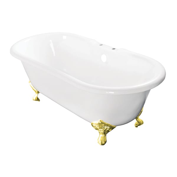 Kingston Brass 60" Cast Iron Oval Double Ended Clawfoot Tub, 7" Faucet Drillings, White/Polished Brass VCT7D603017NB2 - main