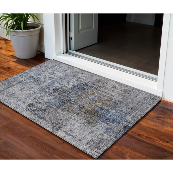 Homeroots 3' X 5' Blue And Gray Floral Washable Indoor Outdoor Area Rug 605073 - main