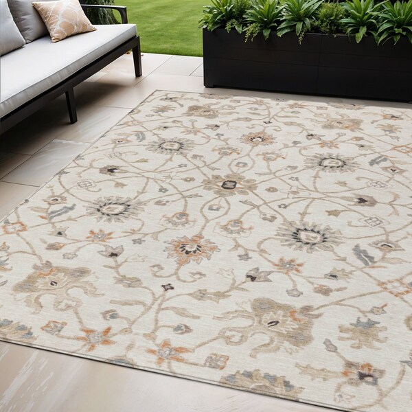 Homeroots 5' X 8' Ivory Brown And Coral Floral Washable Indoor Outdoor Area Rug 604780 - main