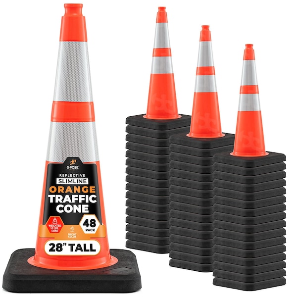 Xpose Safety 28 In Orange Slim Line Traffic Cone, 10 lb Base with 6in & 4in Collar, DOT Approved, 48-PK OTC28SL-64-10L-48-X - main
