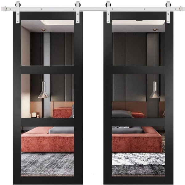 Sartodoors Sturdy Double Barn Door with, Lucia 2555 Matte Black with Clear Glass, 13FT Rail Hangers Heavy Set LUCIA2555DB-S-BLK-64 - main